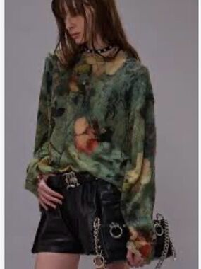 R13 distressed printed boyfriend cashmere sweater in turquoise floral